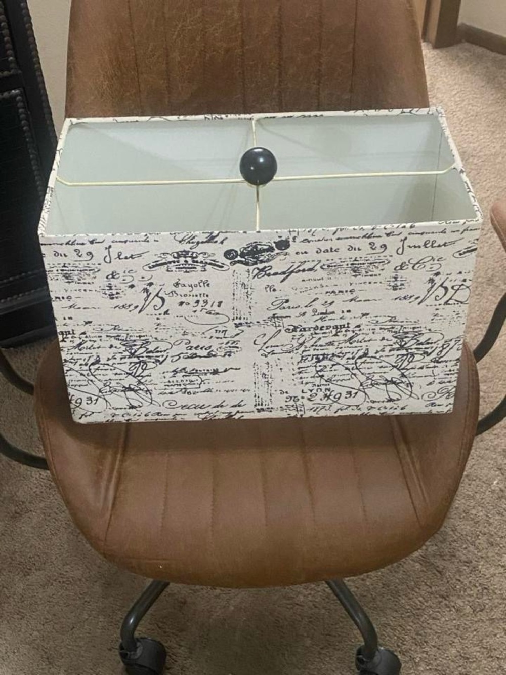 Script Print Fabric Lamp Shade with Black Knob - White